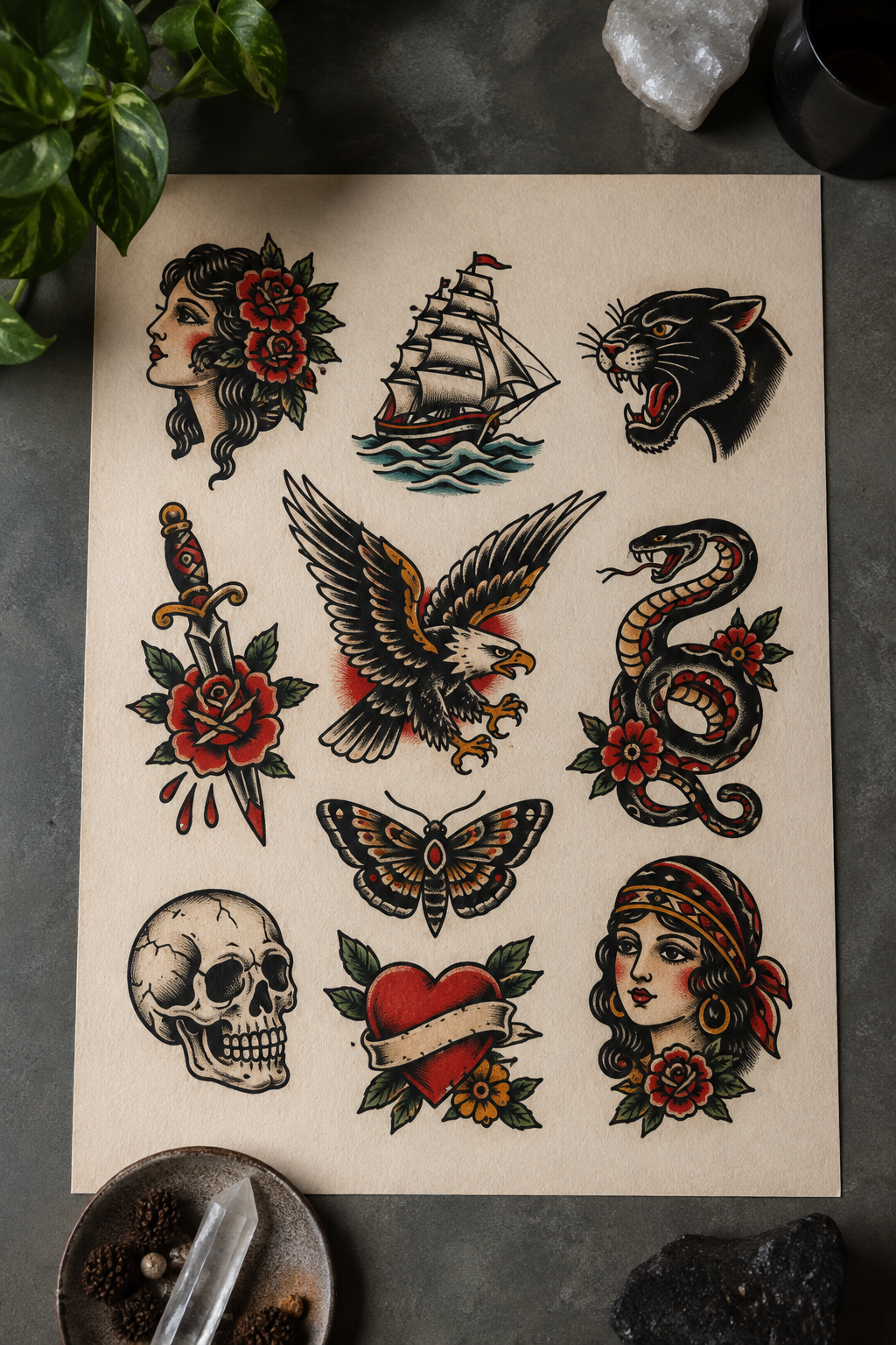 what is a flash tattoo: curated traditional tattoo flash sheet displayed in a clean studio