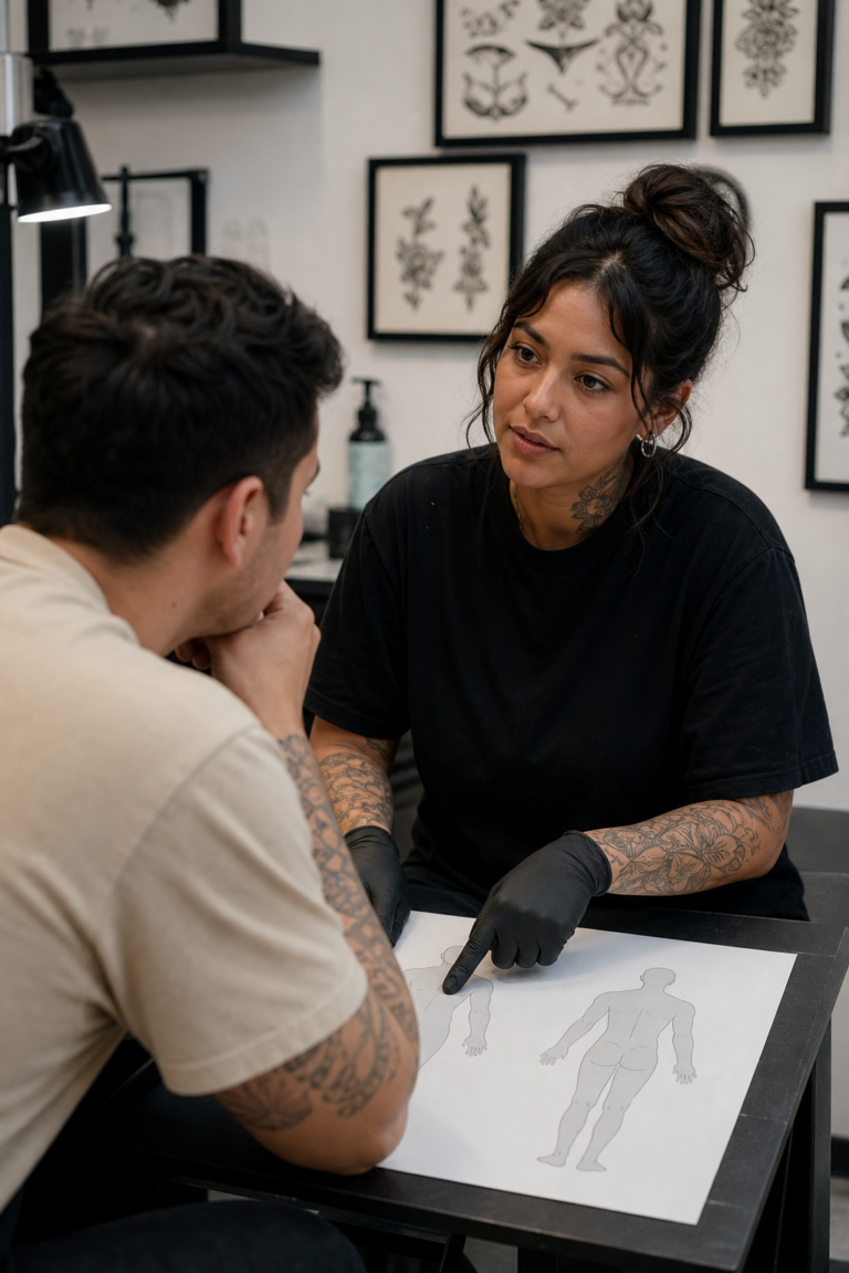 where to get a first tattoo: respectful tattoo placement consultation using a neutral anatomical silhouette chart