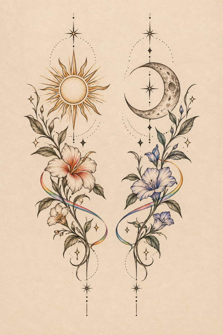 Matching LGBT couple tattoo ideas in an editorial tattoo flash arrangement