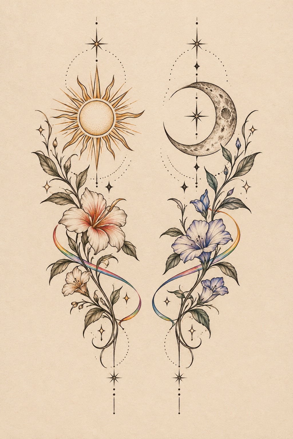 Matching LGBT couple tattoo ideas in an editorial tattoo flash arrangement