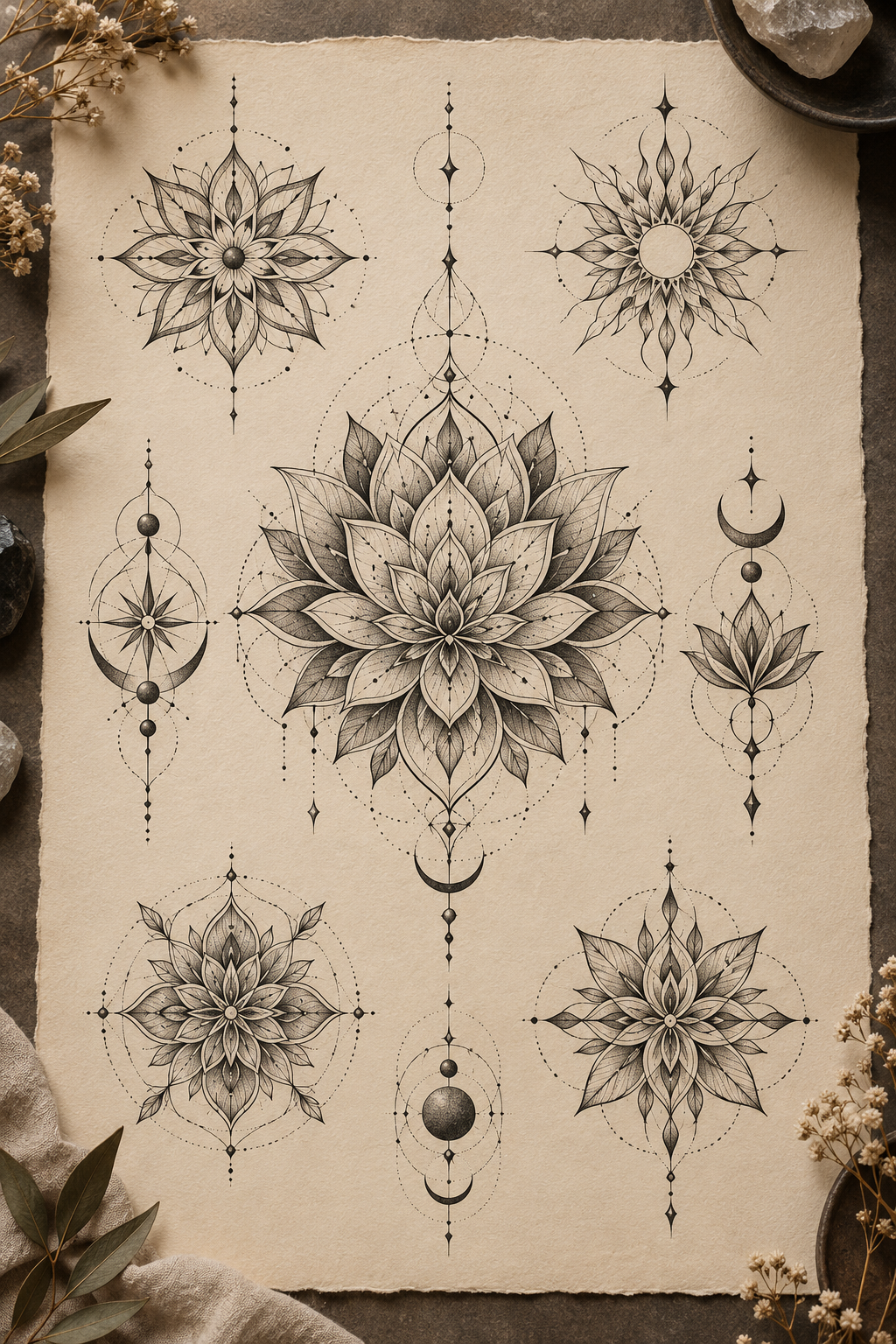 Original vertical editorial mandala tattoo artwork with centered blackwork geometry, no text or watermark.