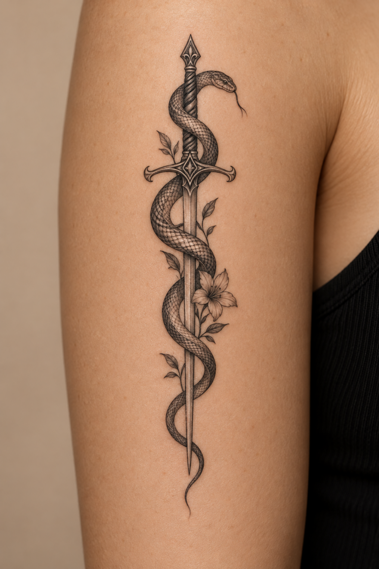 small sword and snake tattoos featured design