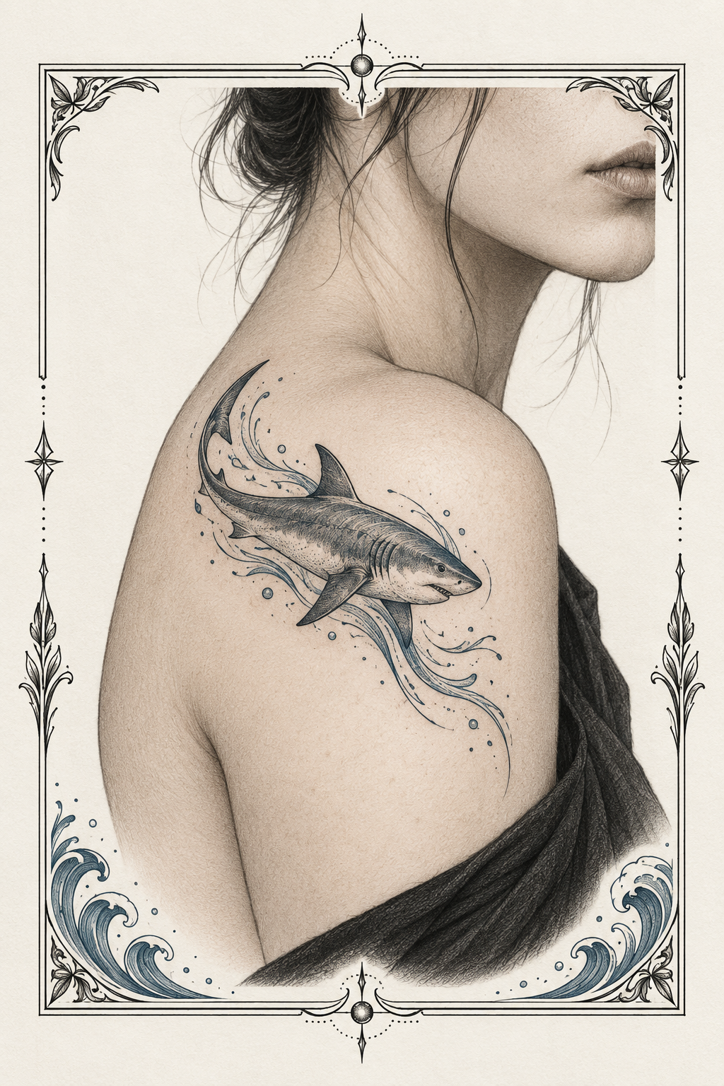 Mini Shark on the Shoulder stamp tattoo idea