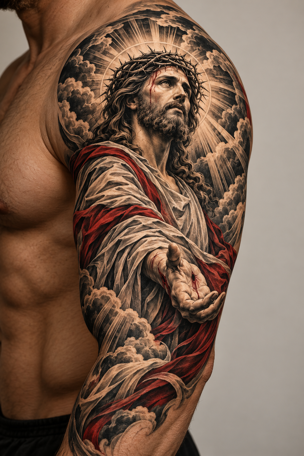 upper sleeve Jesus tattoo idea