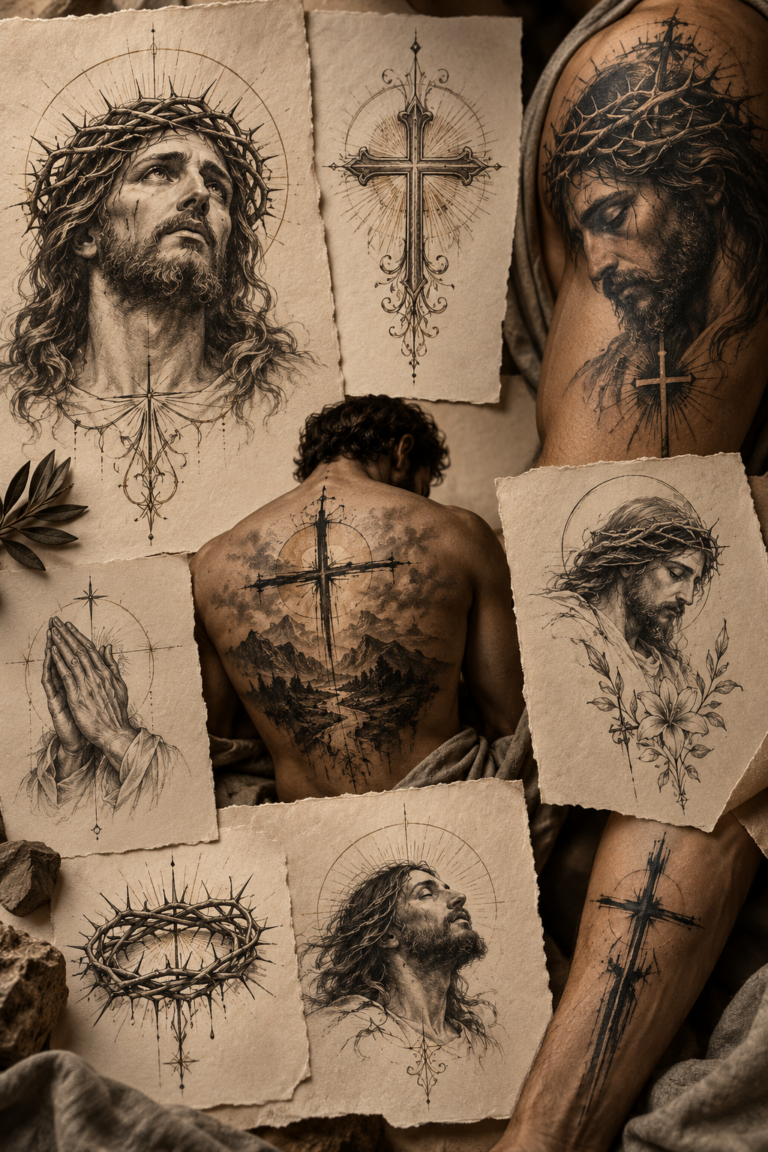 Jesus tattoo ideas in a refined faith-inspired editorial composition