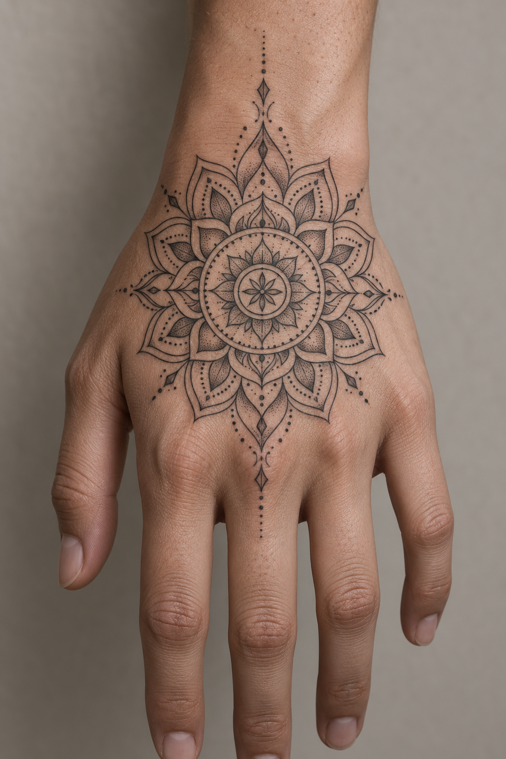 Fine-line central mandala mandala hand tattoo idea