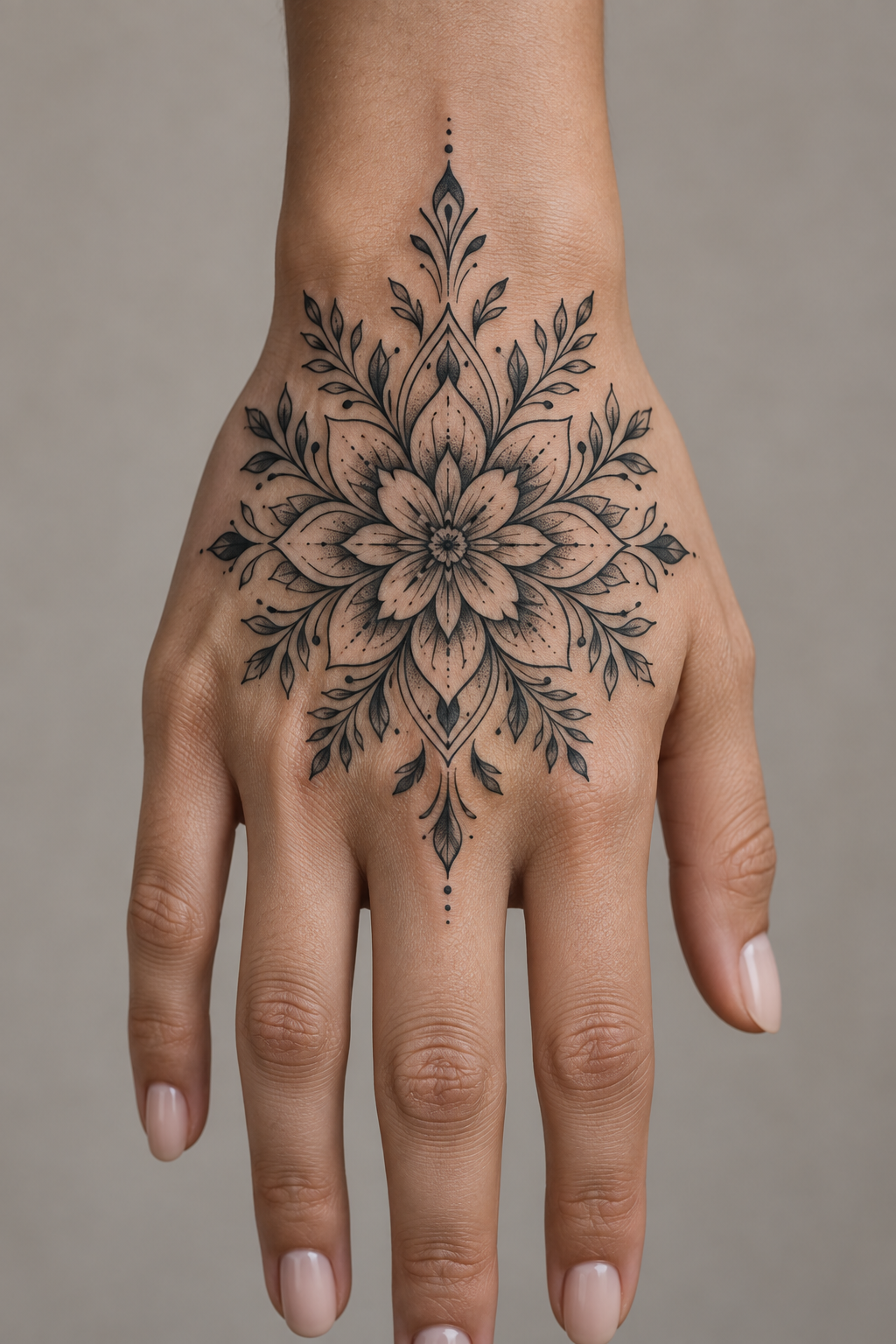 Symmetrical floral mandala mandala hand tattoo idea