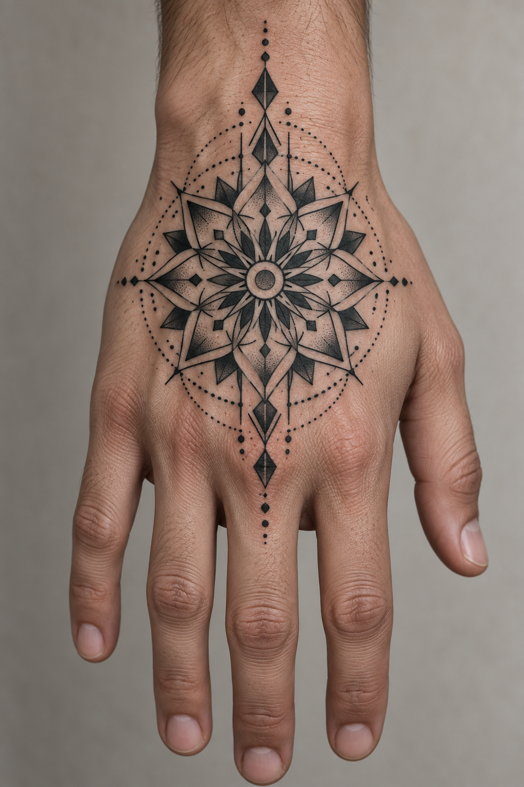 Bold geometric hand mandala mandala hand tattoo idea