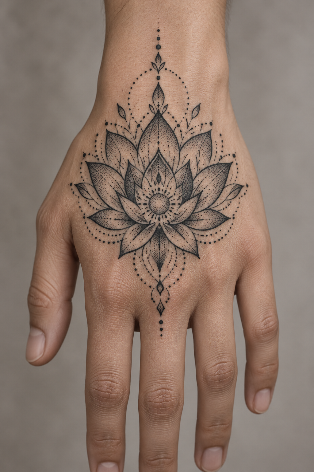 Dotwork lotus mandala mandala hand tattoo idea