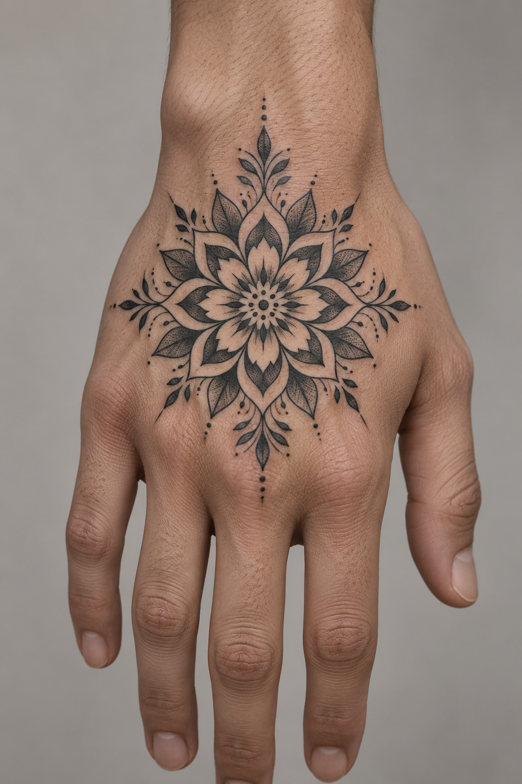 Negative-space mandala mandala hand tattoo idea
