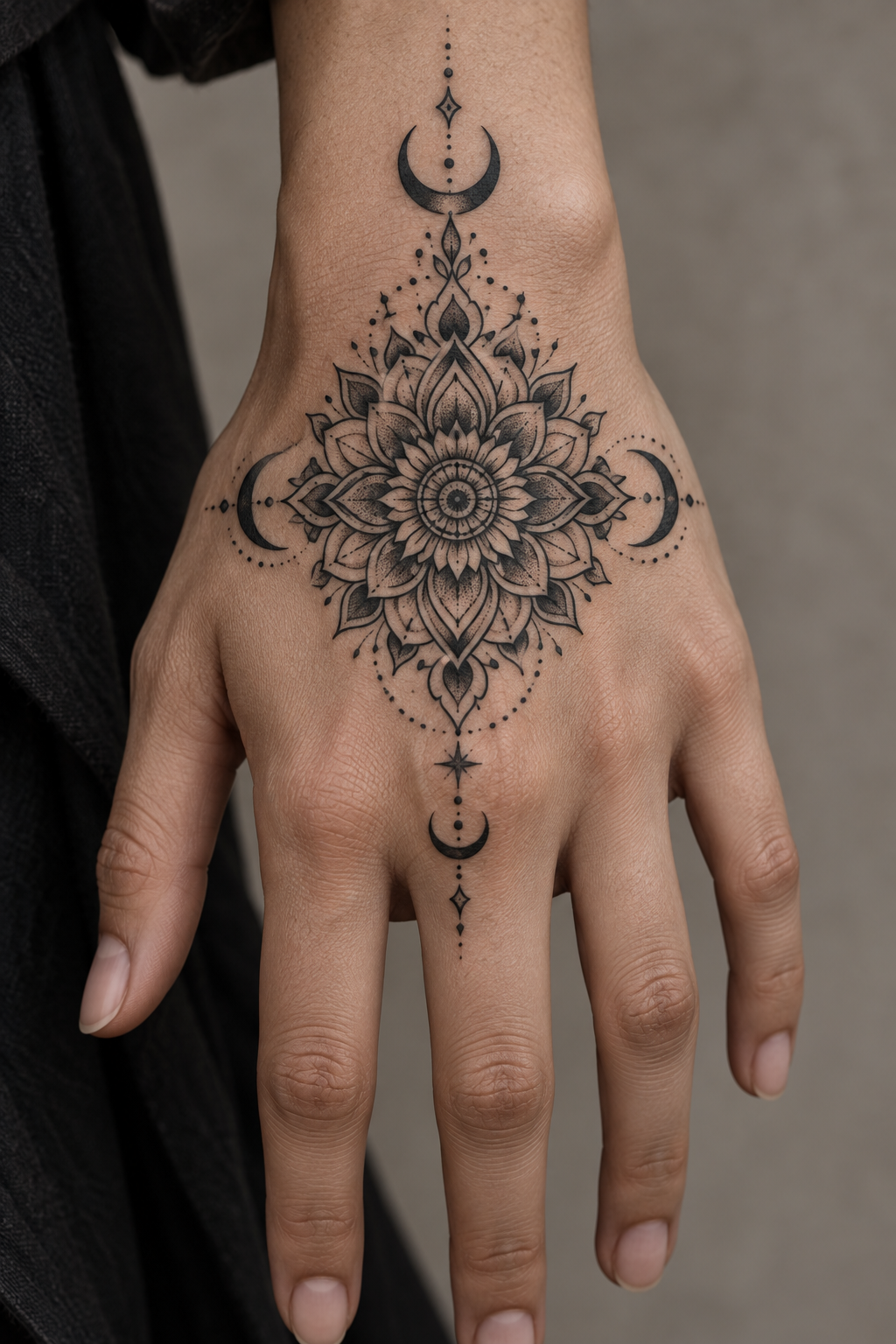 Mandala with crescent accents mandala hand tattoo idea