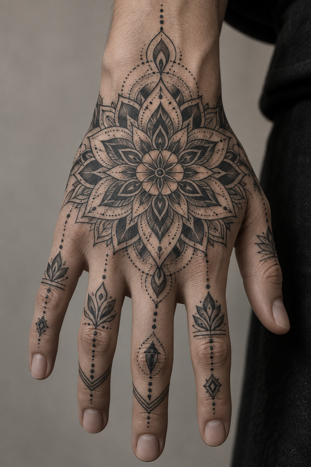 Black-and-gray layered mandala mandala hand tattoo idea
