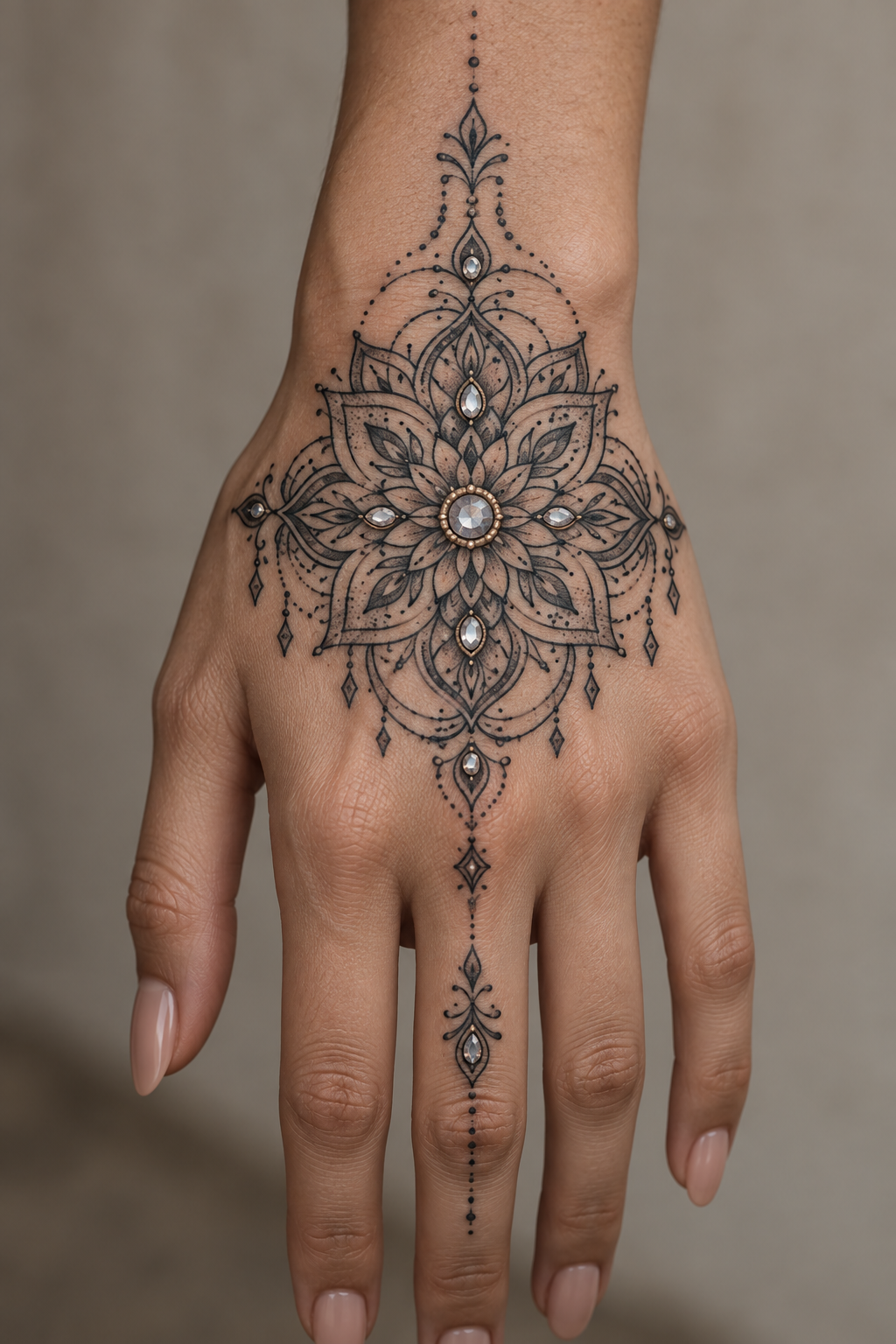 Jewelled ornamental mandala mandala hand tattoo idea