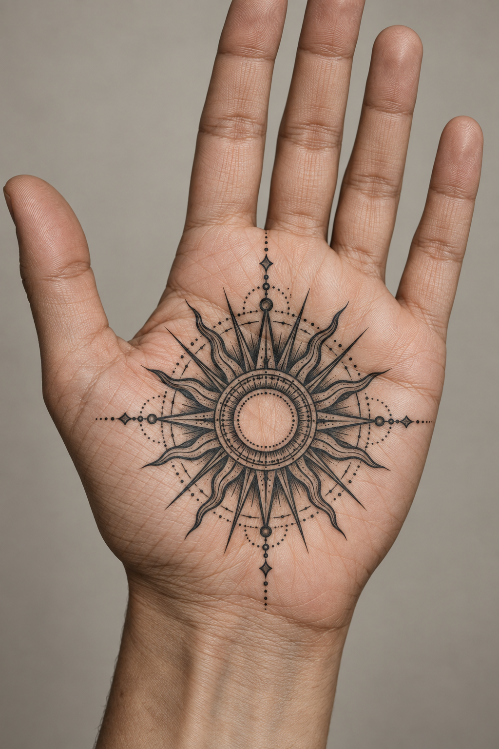 Palm-centered sun mandala mandala hand tattoo idea