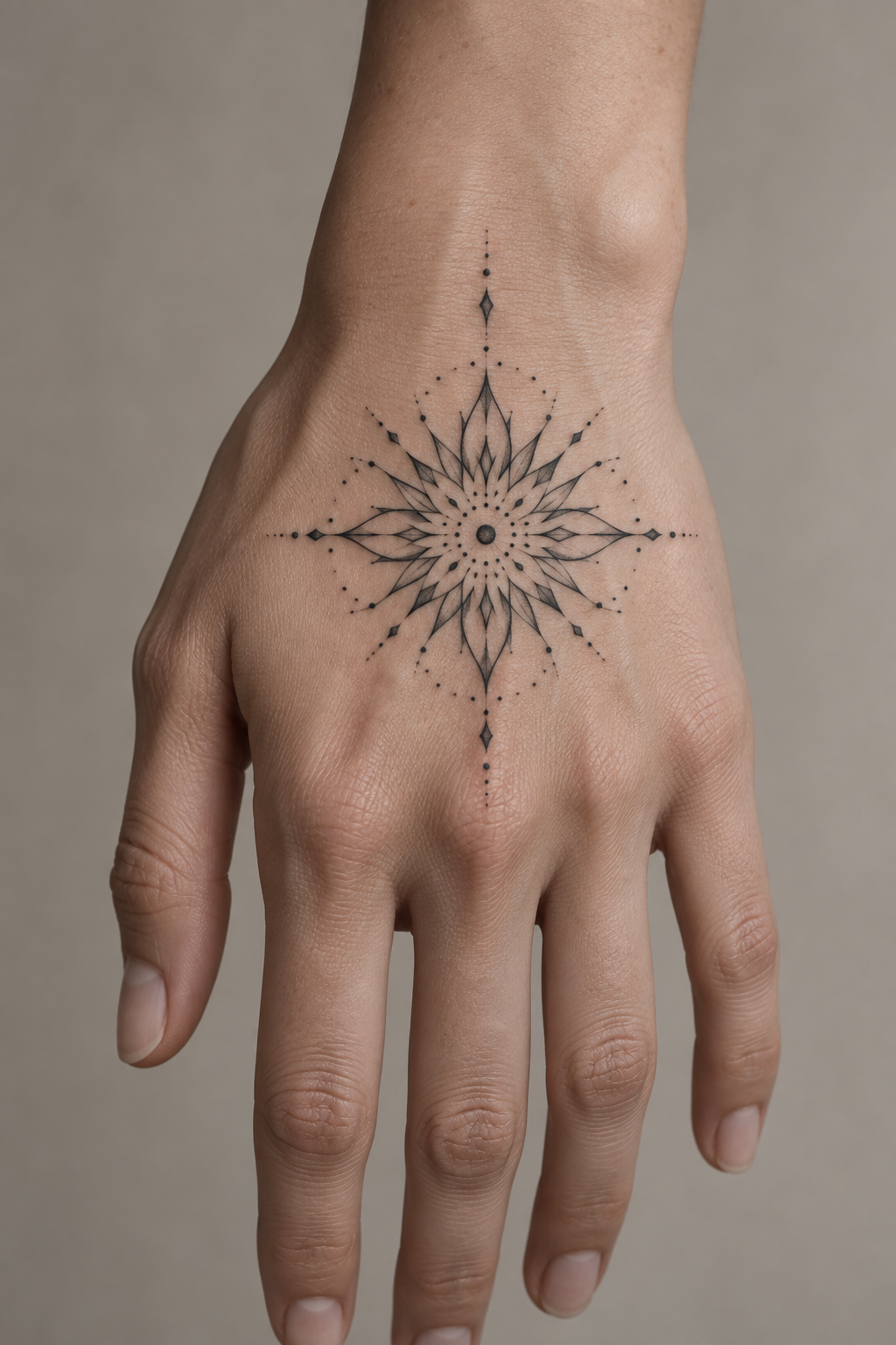 Minimal radial mandala mandala hand tattoo idea