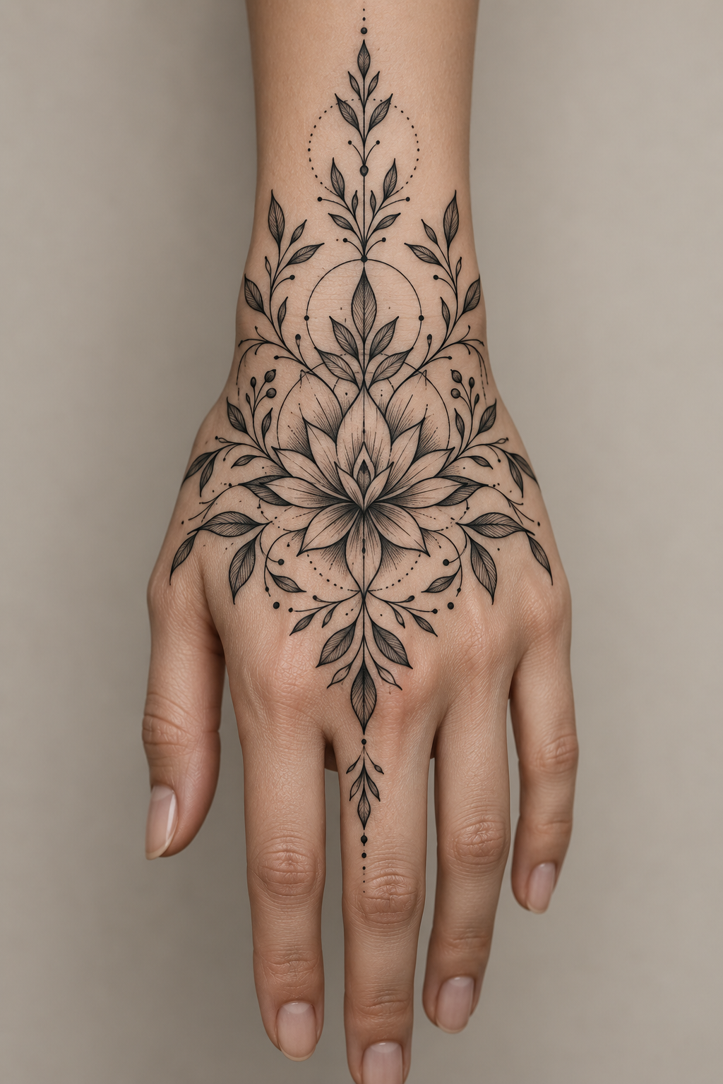 Botanical mandala framing mandala hand tattoo idea