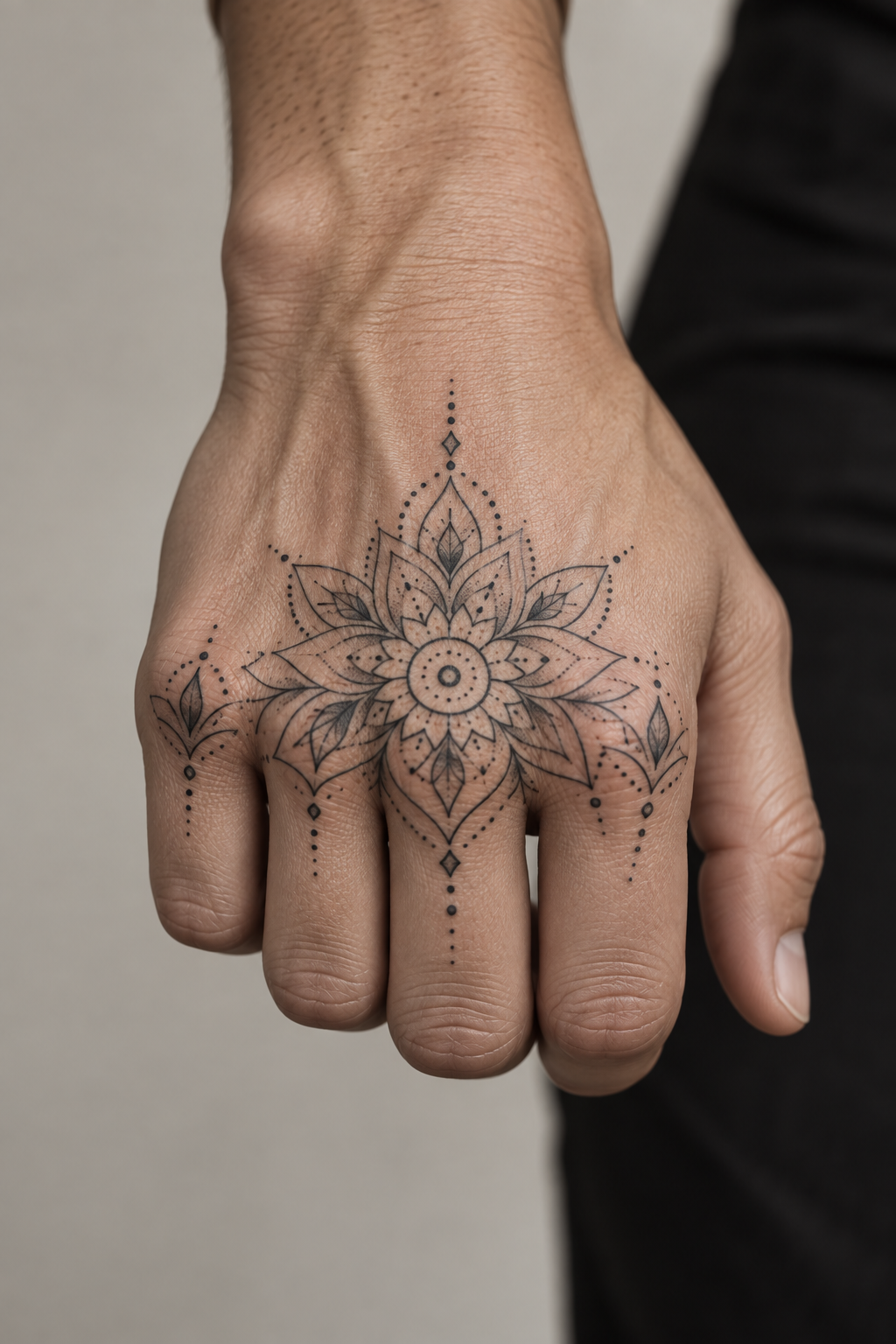 Delicate knuckle mandala mandala hand tattoo idea