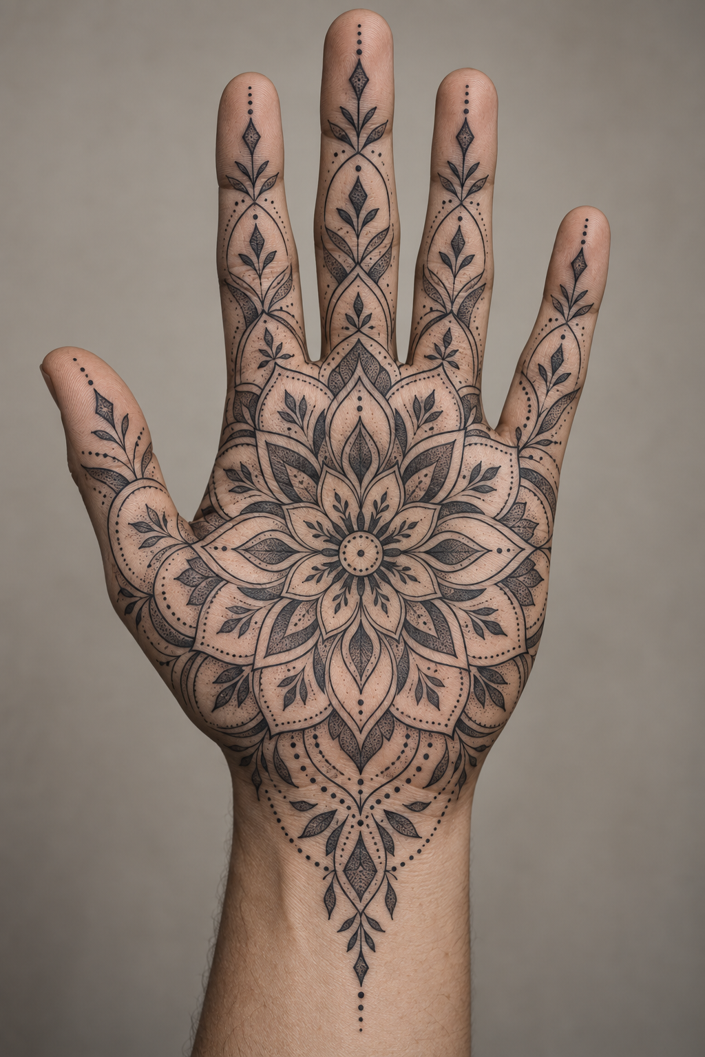 Full-hand symmetrical mandala mandala hand tattoo idea