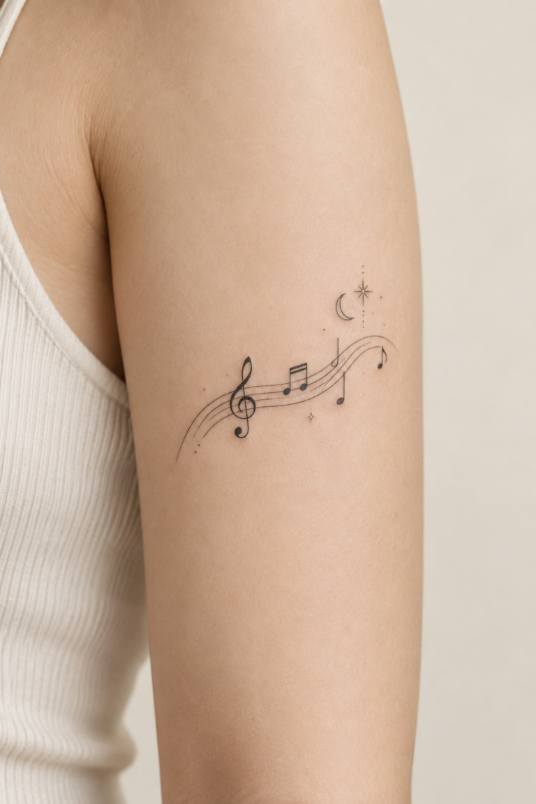 Small music tattoo ideas in a moody studio