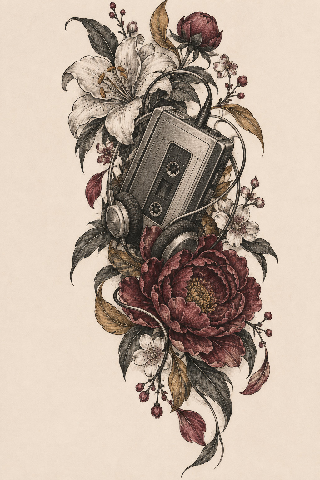 shoulder tattoo ideas for women: Flowers and a Music Player