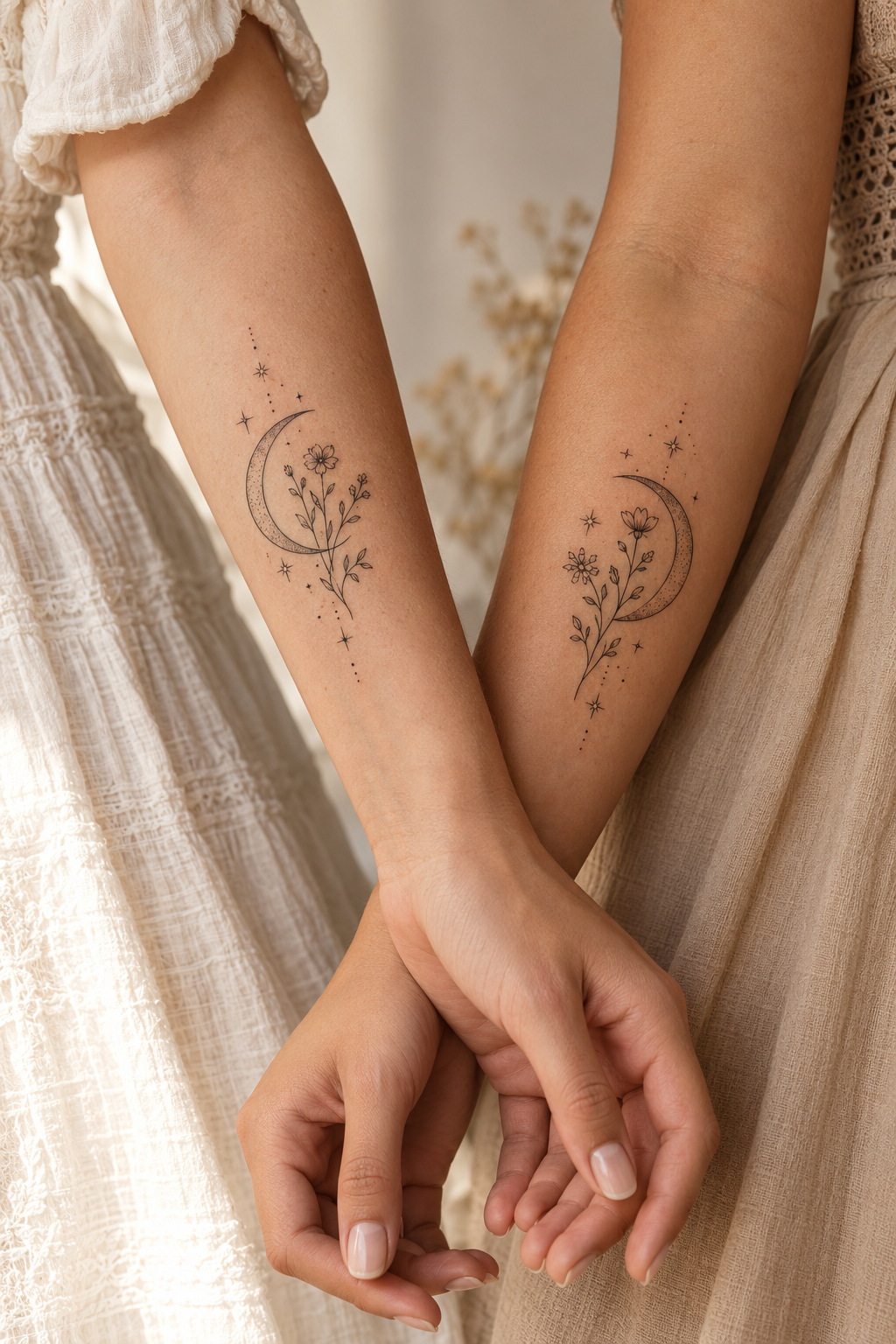 Matching botanical sprig tattoos for sisters