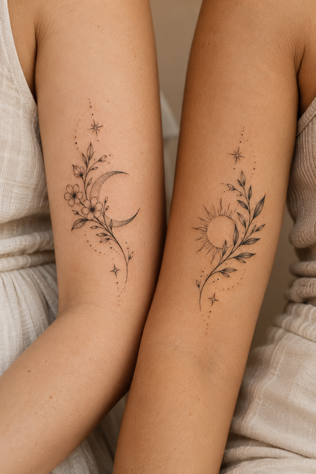 Fine-line matching initial tattoos for sisters