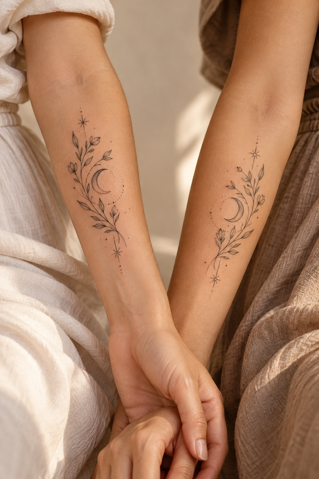 Complementary sun and moon tattoos for sisters