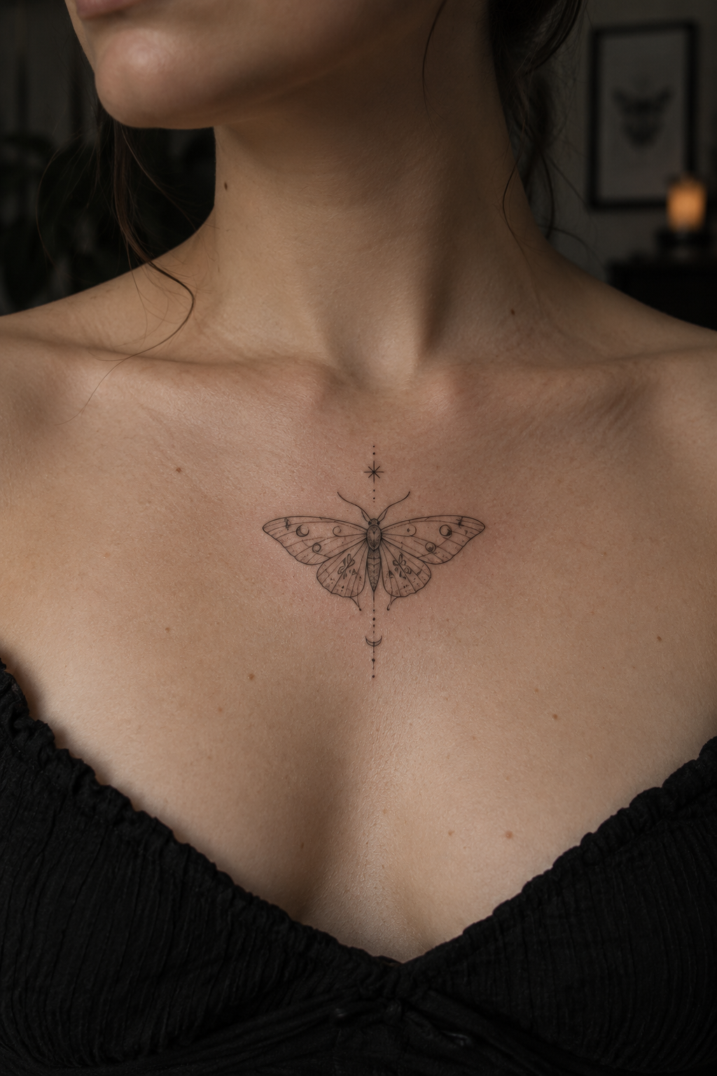 Minimalist sun and moon small chest tattoo idea
