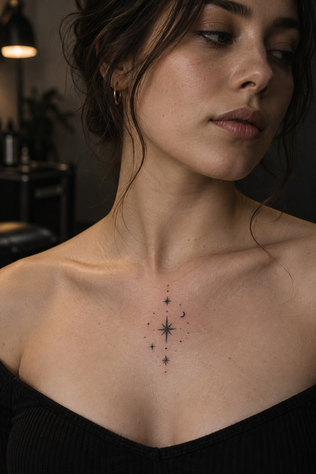 Compact bird silhouette small chest tattoo idea
