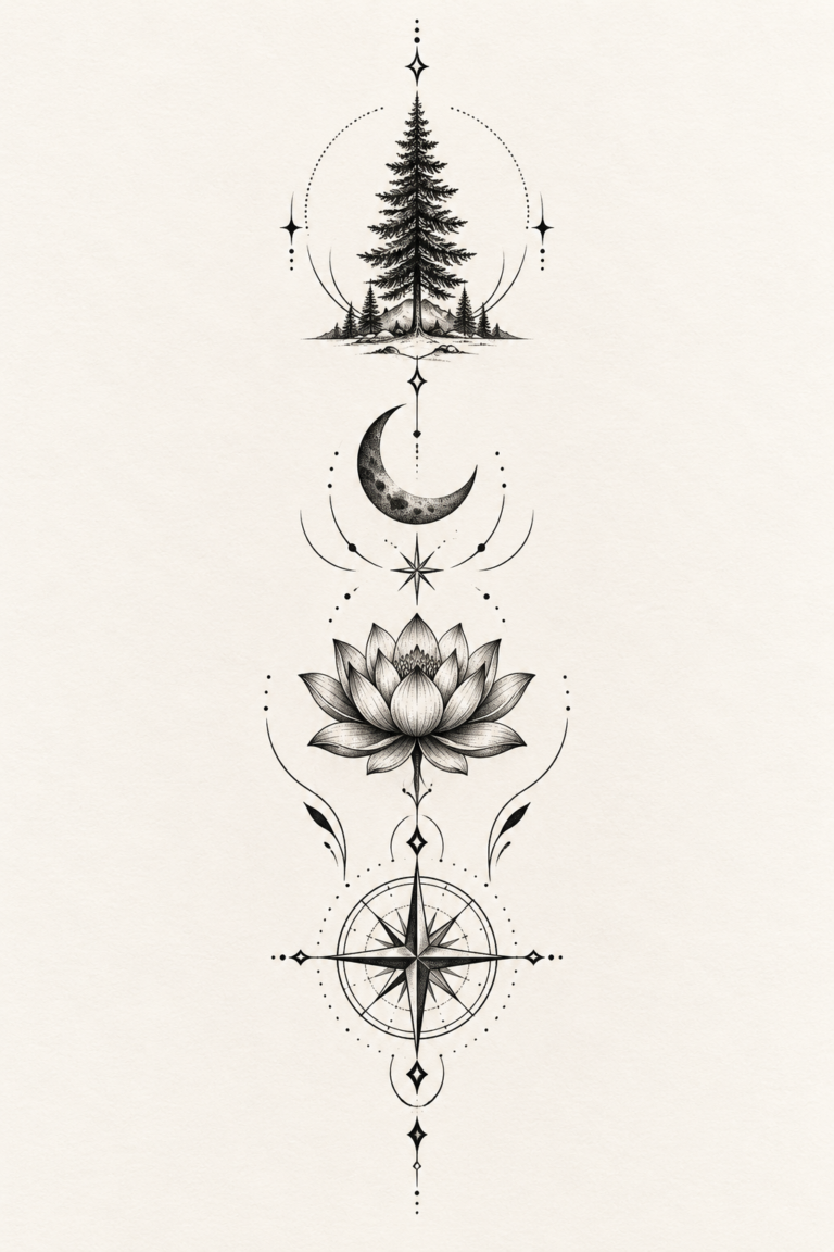 Small tattoos with meaning arranged as refined symbolic black-ink designs