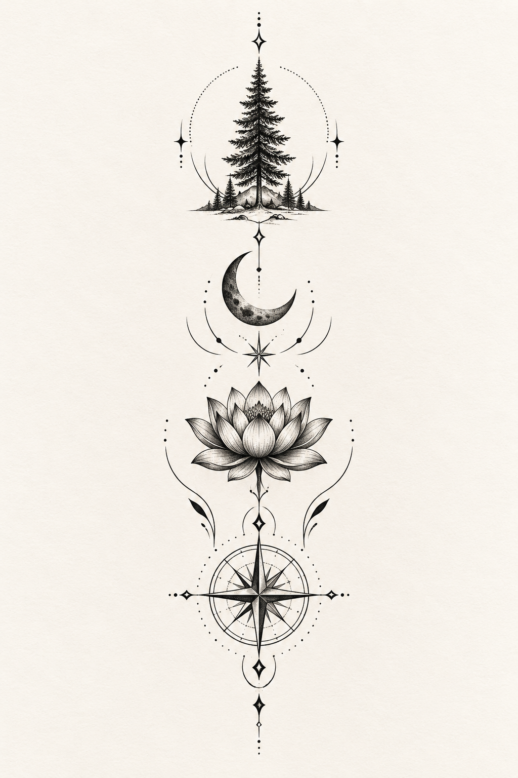 Small tattoos with meaning arranged as refined symbolic black-ink designs