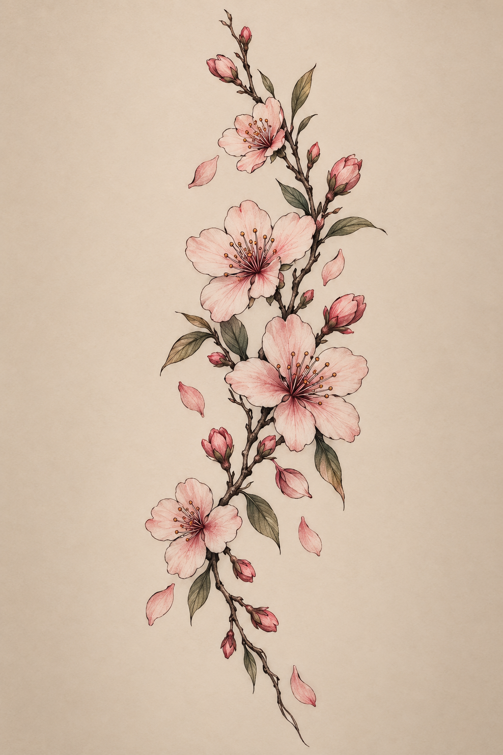 Delicate Cherry Blossoms small thigh tattoo idea