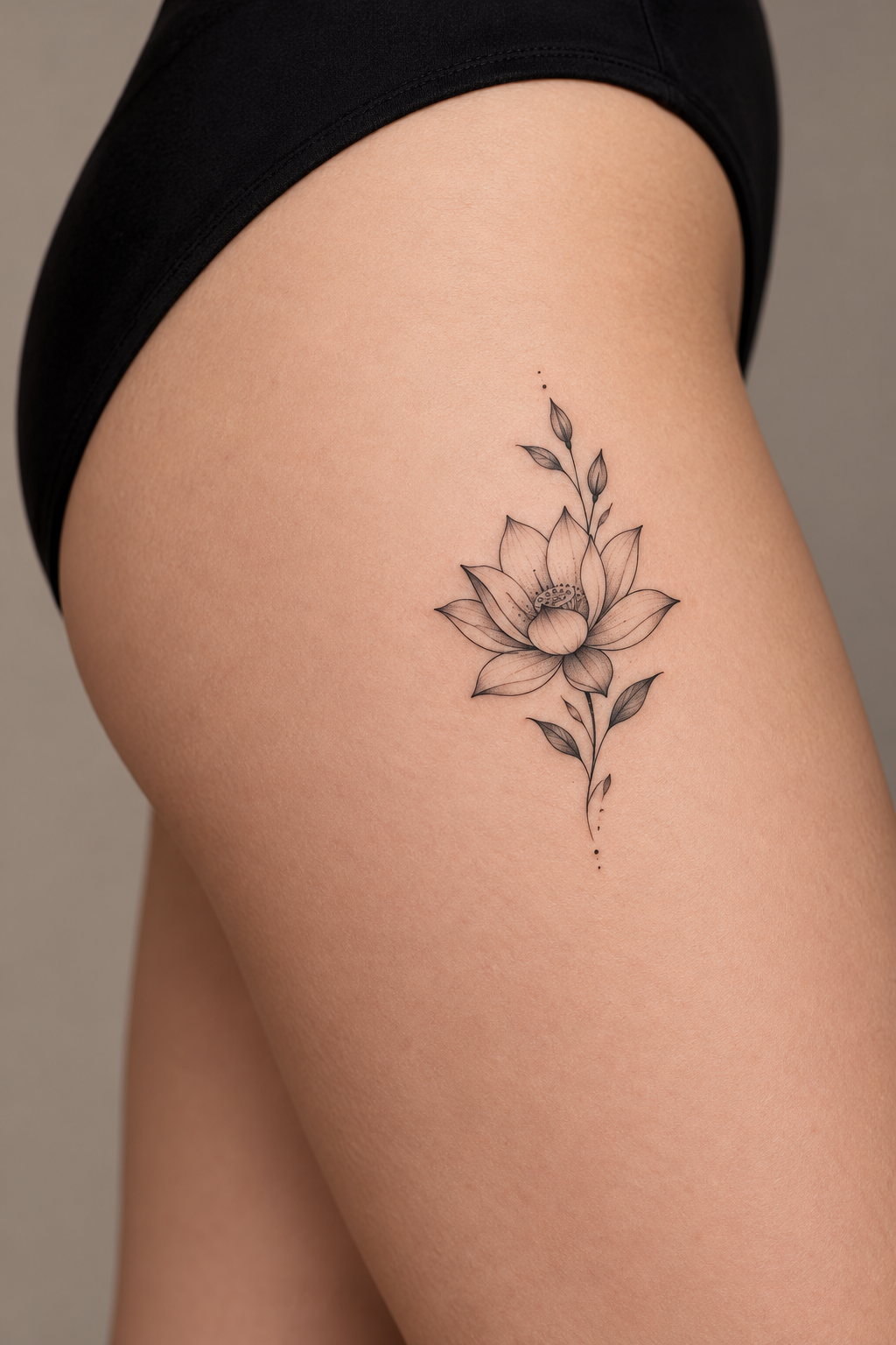 Tiny Lotus Flower small thigh tattoo idea