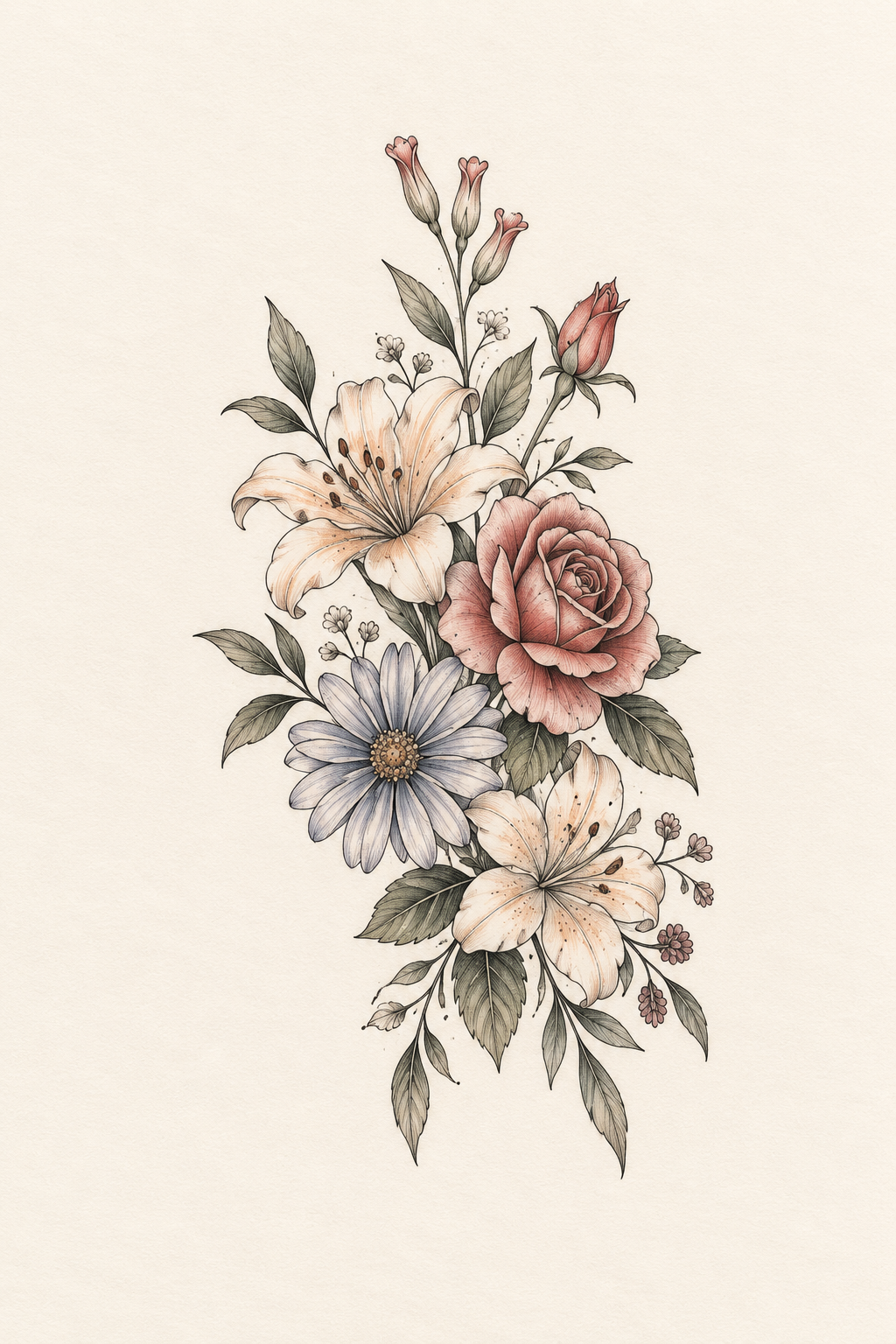 Fine Line Floral Pattern small thigh tattoo idea