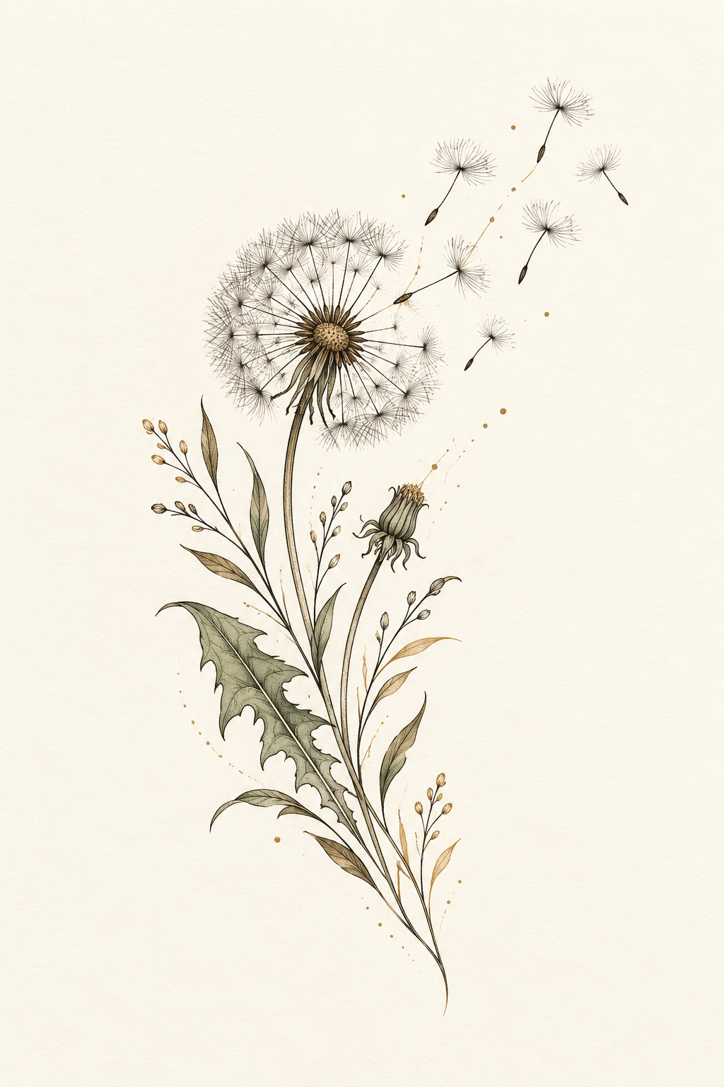 Whimsical Dandelion small thigh tattoo idea