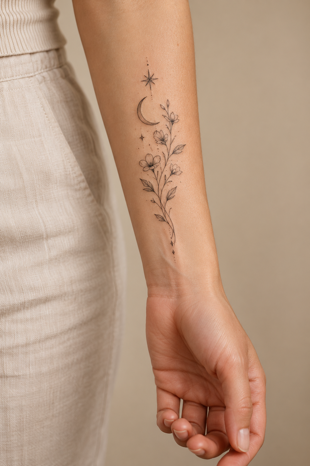 A fine-line plant on the thigh cute small tattoo idea