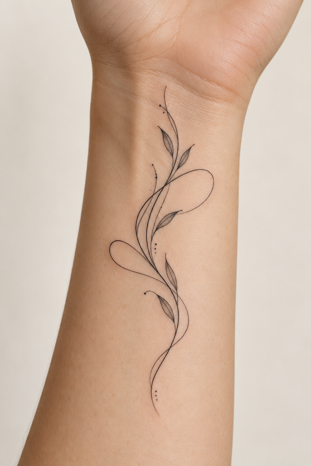 Small fine-line cursive word tattoo on the inner wrist.