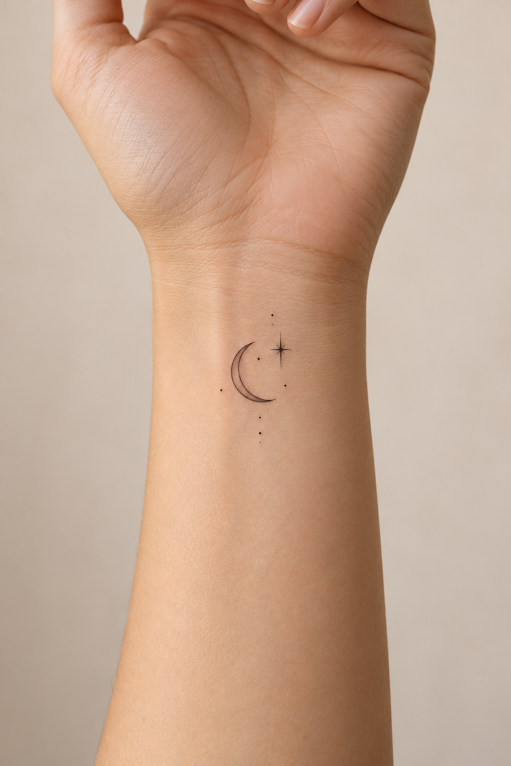 Small black fine-line crescent moon and star tattoo on the inner wrist, with tiny scattered dots.