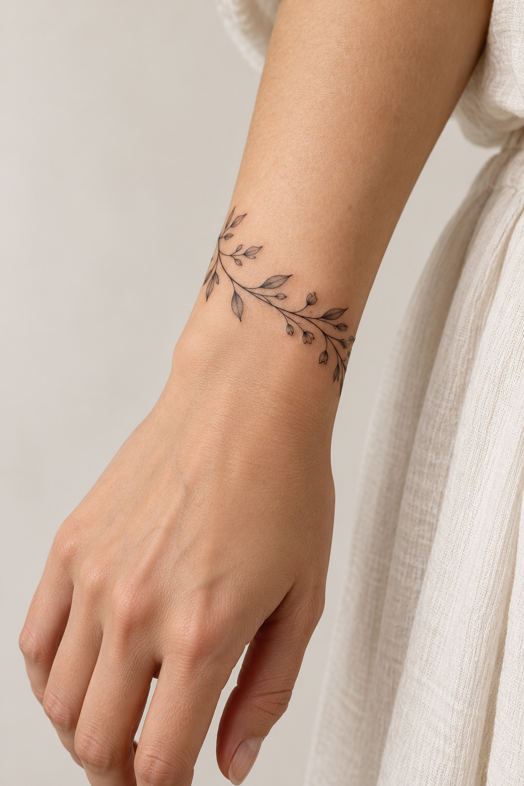 A small fine-line botanical tattoo wraps around the wrist, with a thin branch and scattered leaves.