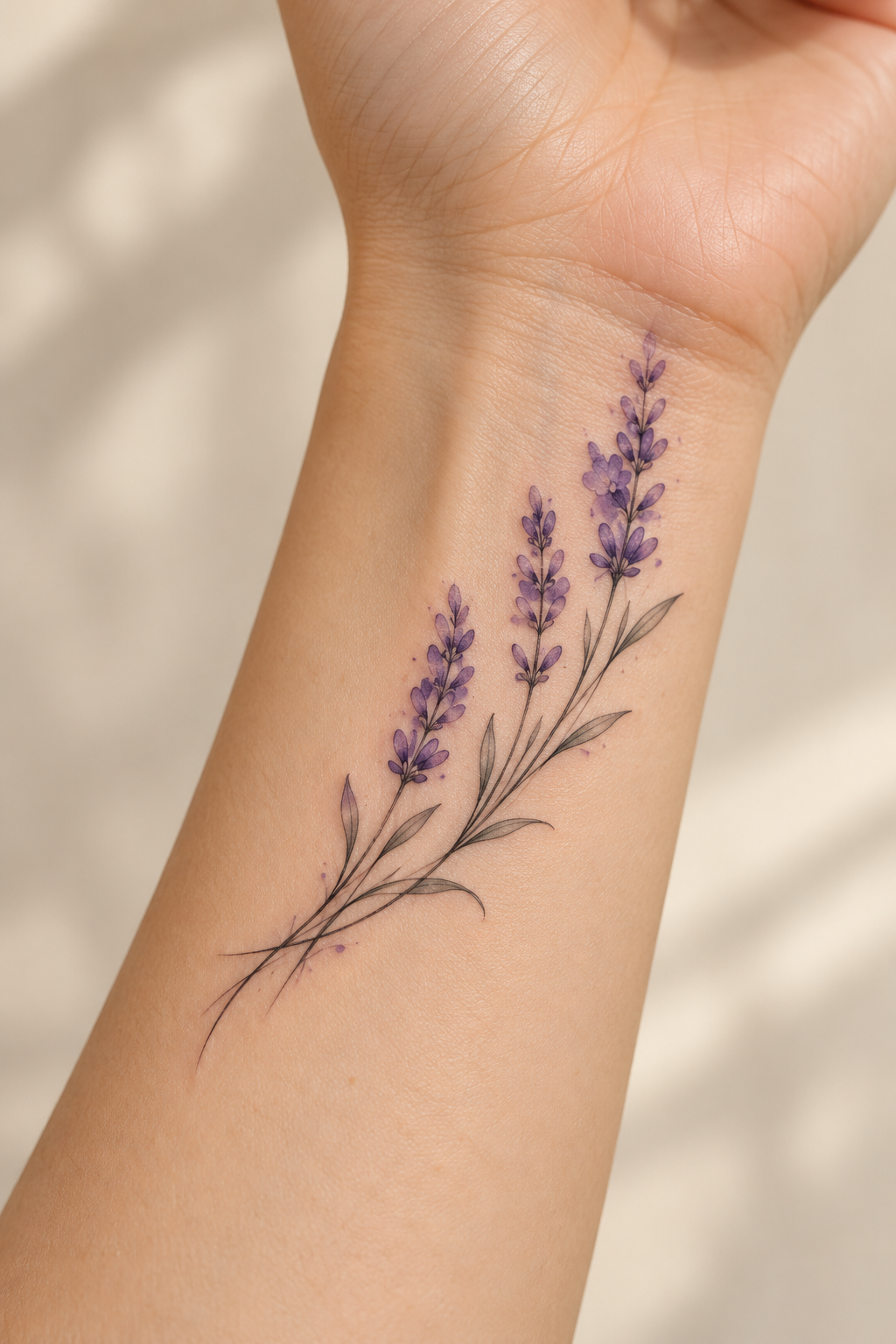 Fine-line tattoo of three lavender sprigs with soft purple shading on the inner wrist.