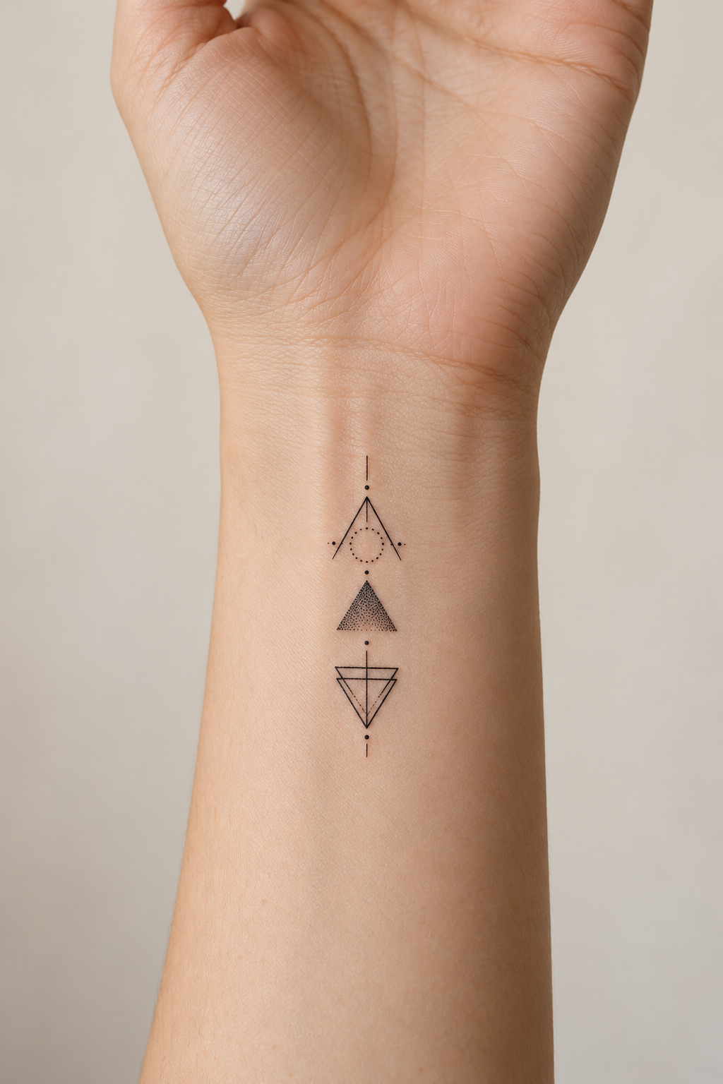 Three small black triangles stacked vertically as a tattoo on the inner wrist.