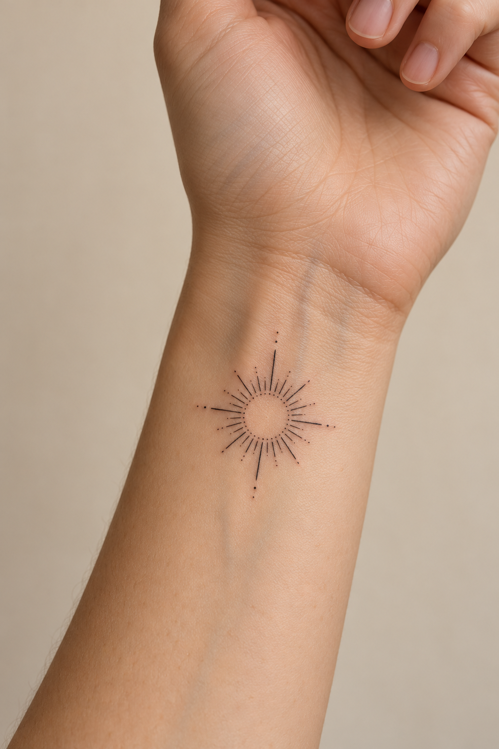 Small fine-line sunburst tattoo with a dotted center on the inner wrist.