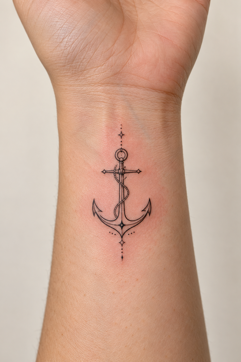 Small fine-line black anchor tattoo on the inner wrist, with slight redness around it.