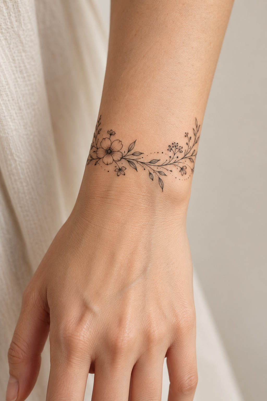Fine-line floral band tattoo with small flowers and dotted details around the wrist.
