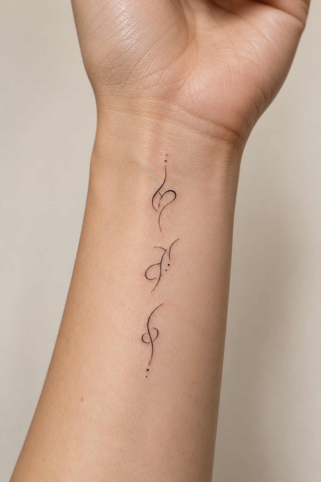 Three small lowercase initials in black cursive arranged vertically on the inner wrist.