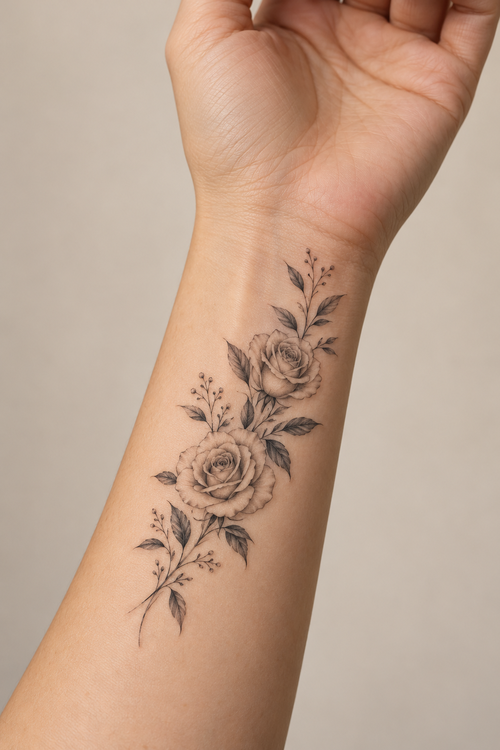 Small black-and-gray fine-line tattoo of two roses and leafy sprigs on the inner wrist.