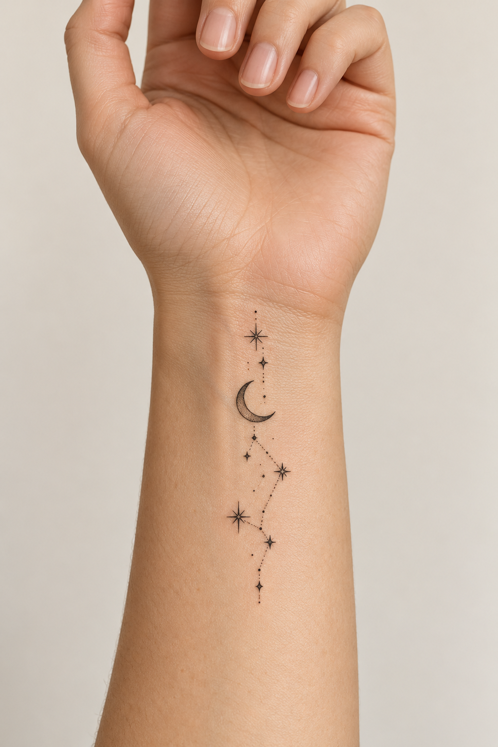 Small black crescent moon and star constellation tattoo running vertically along the inner wrist.
