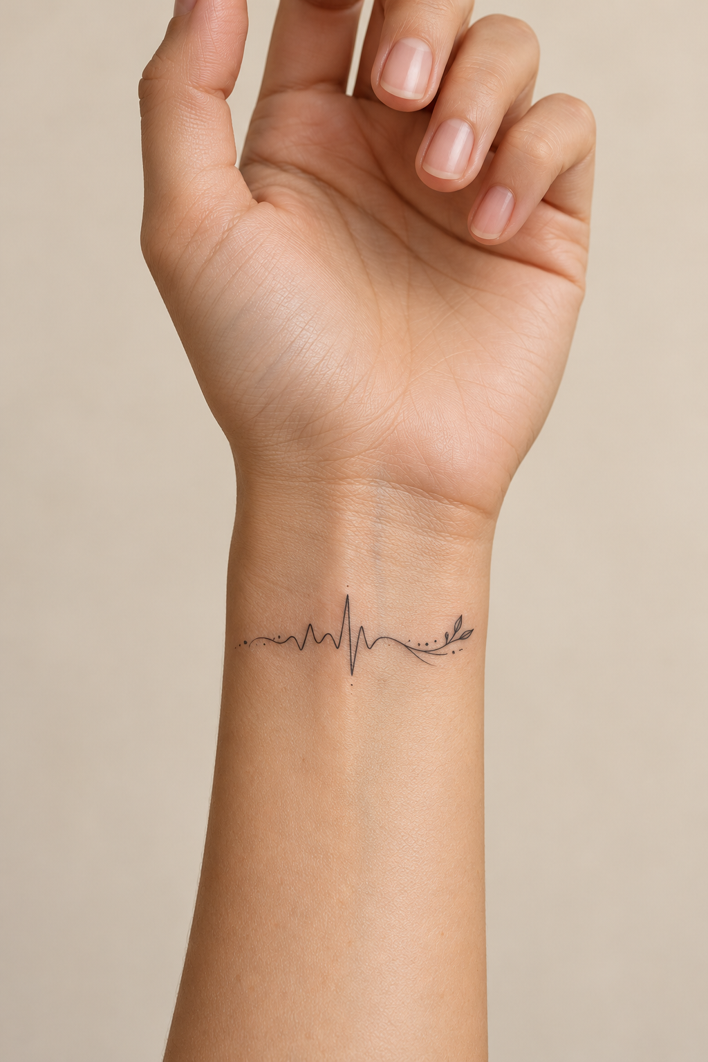 Small black fine-line heartbeat tattoo across the inner wrist.