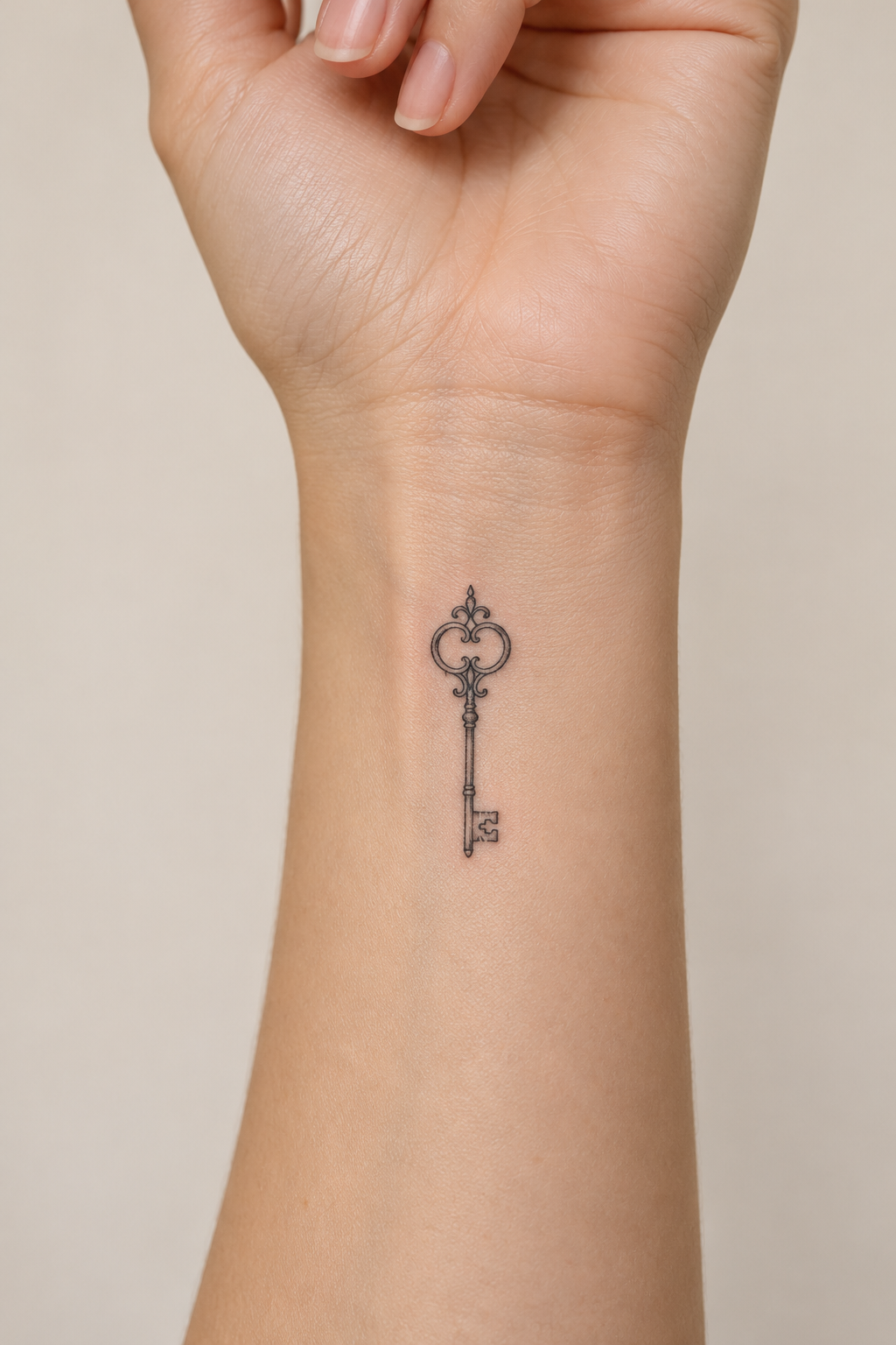 Small black outline key tattoo on the inner wrist.
