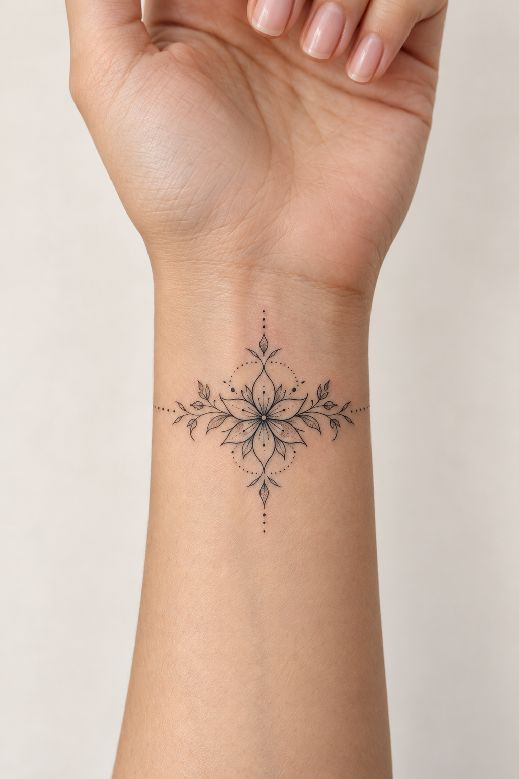 Small fine-line mandala tattoo with floral petals and dotted accents on the inner wrist.